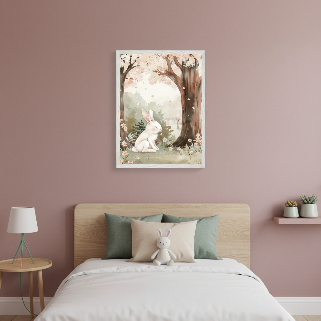 Kid's bedroom with a wooden bed. A framed watercolor painting depicting a white bunny in a spring forest with pink blossoms hangs centered above the bed. A side table with a lamp is on the left, and a pink shelf with succulents is on the right.