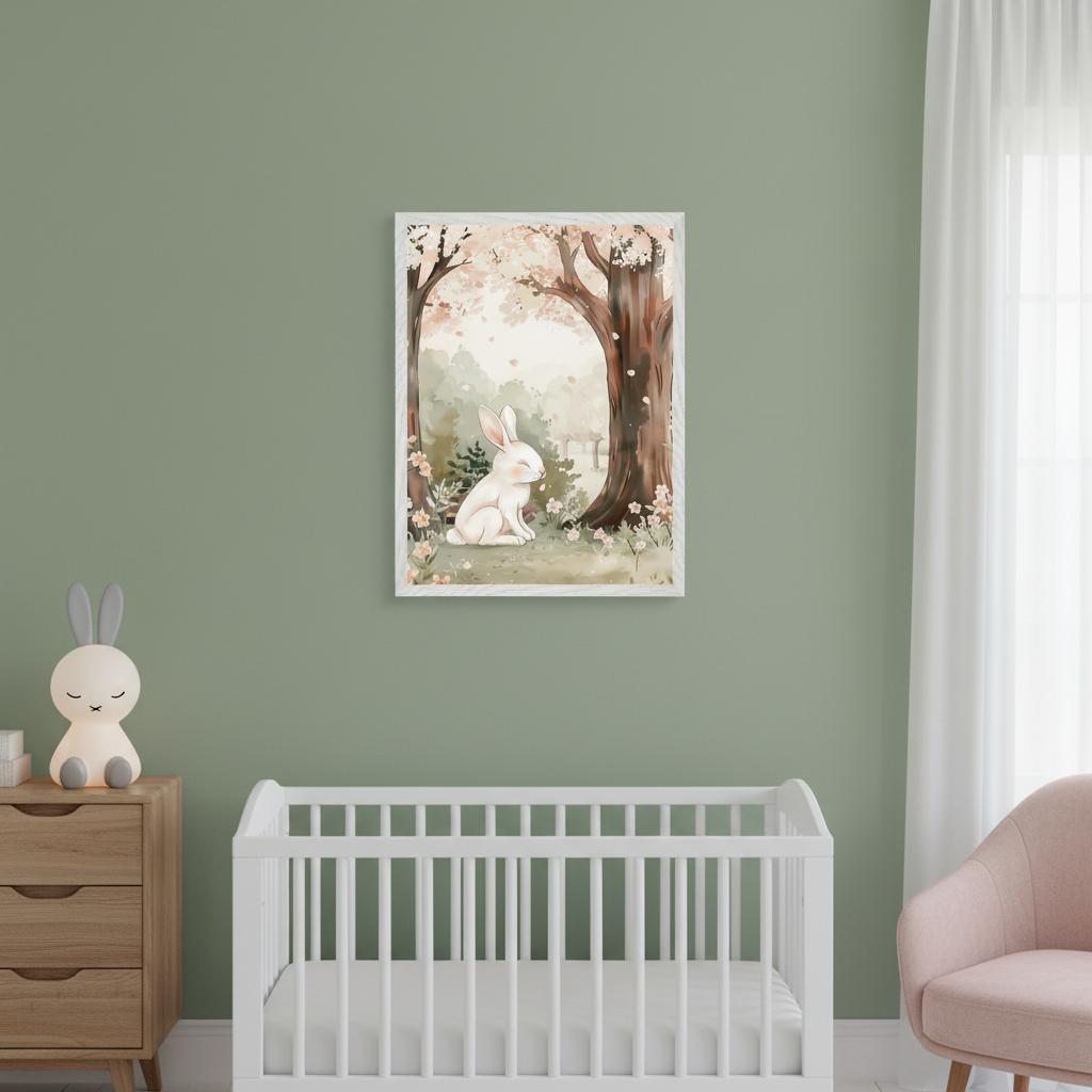 Modern nursery with a sage green wall. A framed watercolor of a white bunny in a cherry blossom forest hangs above a white crib. A wooden dresser with a bunny night light is left, and a pink armchair is right.