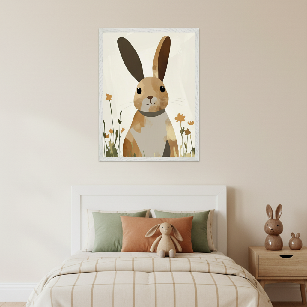 Modern kid's bedroom with a white headboard bed and striped bedding. A framed watercolor-style print of a brown and white rabbit with orange flowers hangs centered above the bed. A wooden nightstand with two bunny figurines is to the right.
