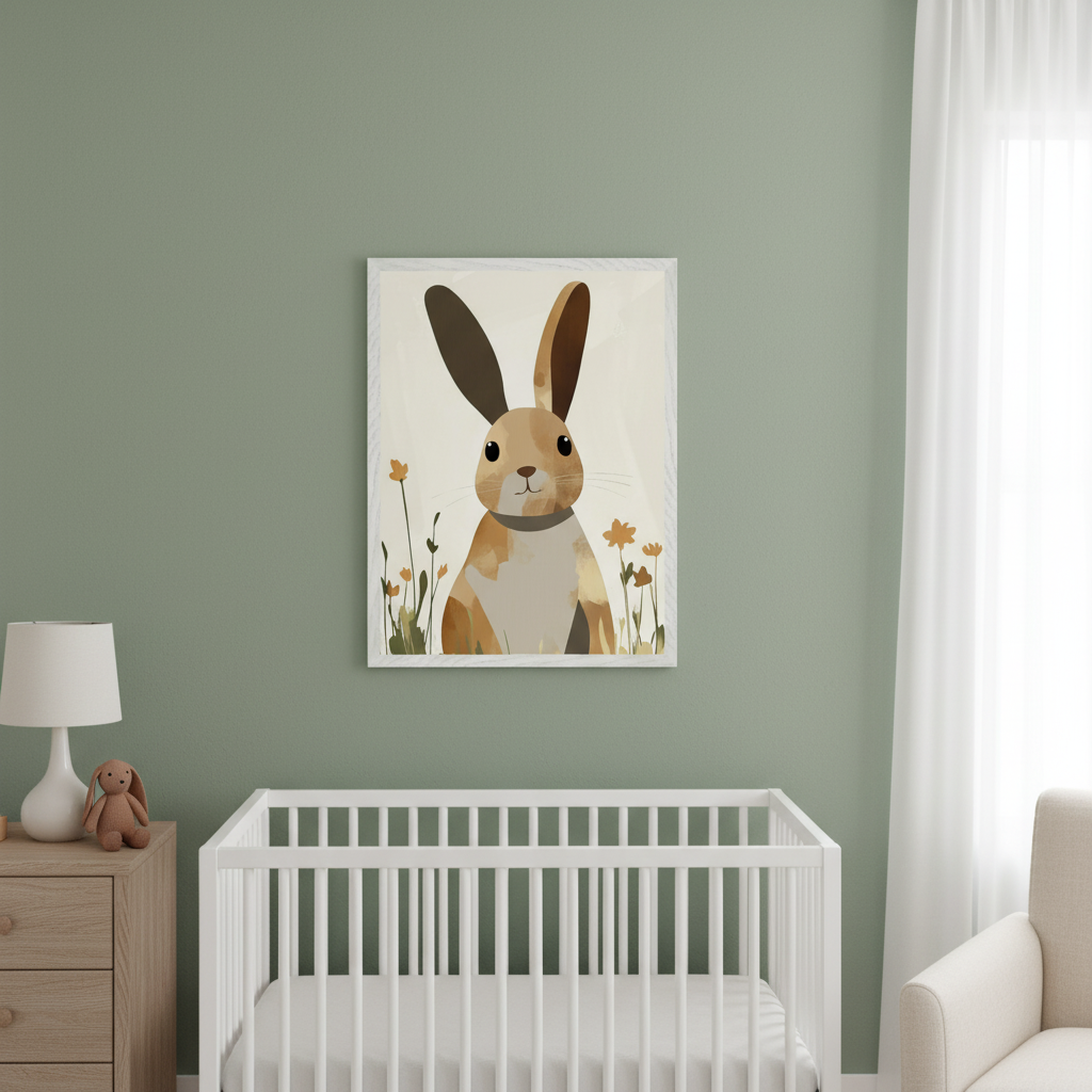 Modern nursery with light green walls. A white crib, wooden dresser with a lamp, and a cream armchair are visible. A framed illustration of a brown rabbit with large ears and small orange flowers in a simple, painterly style hangs above the crib.