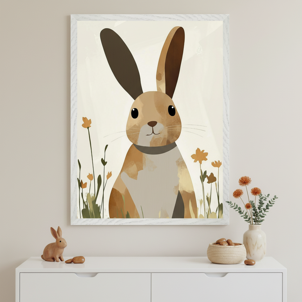 Modern room with a white dresser. A large framed print of an illustrative brown and beige rabbit and orange flowers hangs centered above the dresser. A wooden bunny figure and a vase with rust-colored flowers are on the dresser.