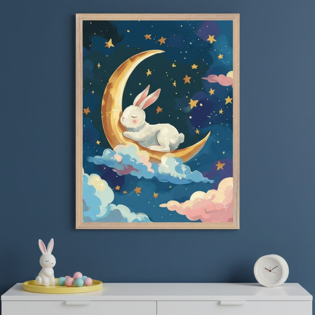 Nursery with a dark blue wall and white dresser. A framed print of a white bunny sleeping on a golden crescent moon among clouds and stars hangs above the dresser. A bunny figurine, a yellow tray with pastel balls, and a white clock are on the dresser.