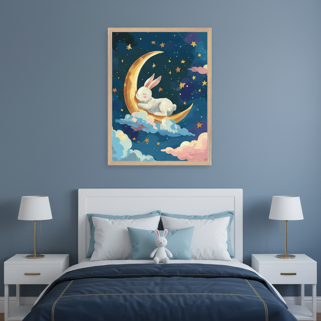 Kid's bedroom with a white bed, blue bedding, and two nightstands with lamps. A white bunny plush sits on the bed. A framed print of a sleeping white bunny on a crescent moon with clouds and stars in a cartoon style hangs centered above the bed on a blue wall.