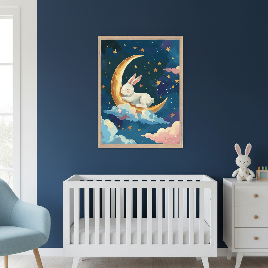 Modern nursery with a white crib against dark blue walls. Centered above the crib, a framed illustration shows a sleeping white bunny on a crescent moon with clouds and stars. A white dresser and light blue armchair are also present.