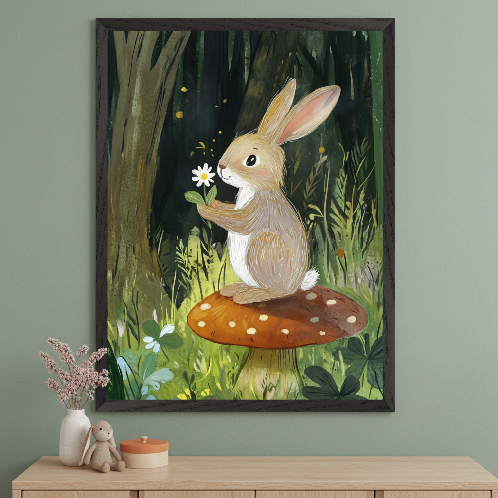 A whimsical illustration of a bunny sitting on a red and white spotted mushroom, holding a white daisy in its paws. The bunny is surrounded by a forest setting with lush greenery, soft grasses, and small wildflowers. The scene is framed by dark trees in the background, and the overall tone is warm and magical. The artwork is displayed in a dark wood frame on a light green wall, with a shelf beneath it featuring a small vase of flowers, a plush bunny toy, and a small orange box.