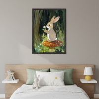 Kid's bedroom with a wooden headboard and bed with white and green pillows. A framed painting of a whimsical brown rabbit on a spotted mushroom, holding a daisy in a dark forest, hangs centered above the bed.