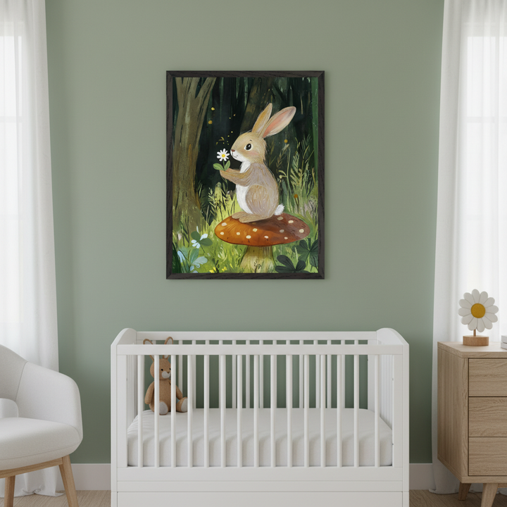 Modern nursery with a sage green wall and white crib. A framed whimsical illustration of a brown rabbit on a red mushroom holding a daisy in a forest hangs centered above the crib. A white armchair and wooden dresser are also visible.