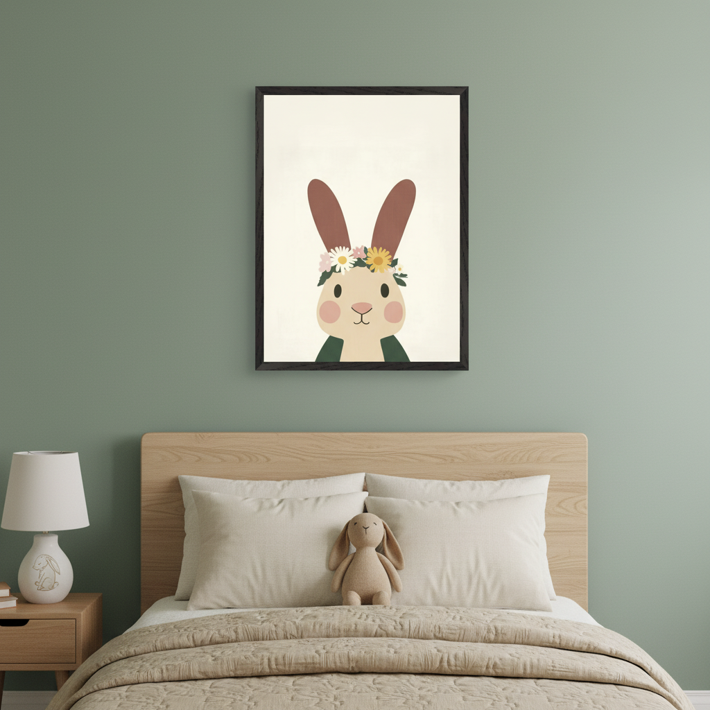 Kid's bedroom with sage green walls. A wooden bed with light bedding is centered. Above the bed hangs a black-framed print of a cartoon light-brown rabbit with a flower crown. A nightstand with a bunny lamp is on the left. A plush bunny sits on the bed.