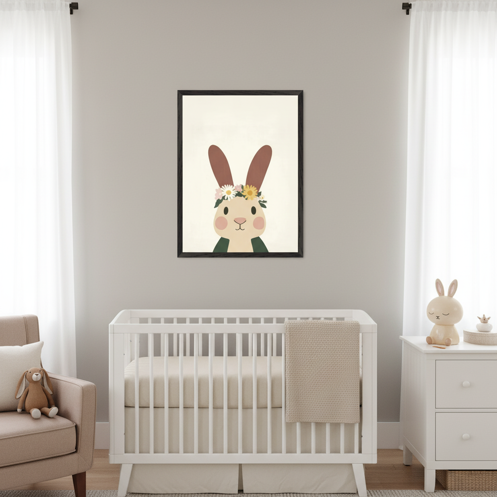 Modern nursery with a white crib, beige armchair, and white dresser. A black-framed wall art depicting a cartoon bunny with brown ears and a flower crown hangs centered above the crib.