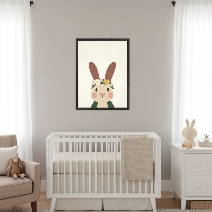 Modern nursery with a white crib, beige armchair, and white dresser. A black-framed wall art depicting a cartoon bunny with brown ears and a flower crown hangs centered above the crib.