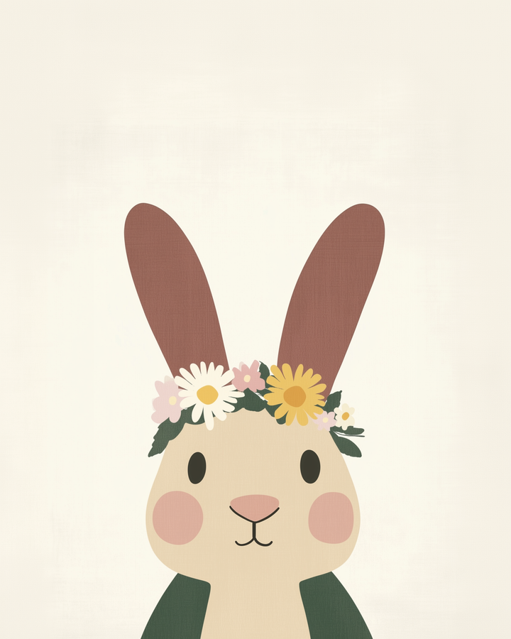 A cute illustration of a bunny with large brown ears, wearing a colorful flower crown featuring daisies and sunflowers, against a light beige background.