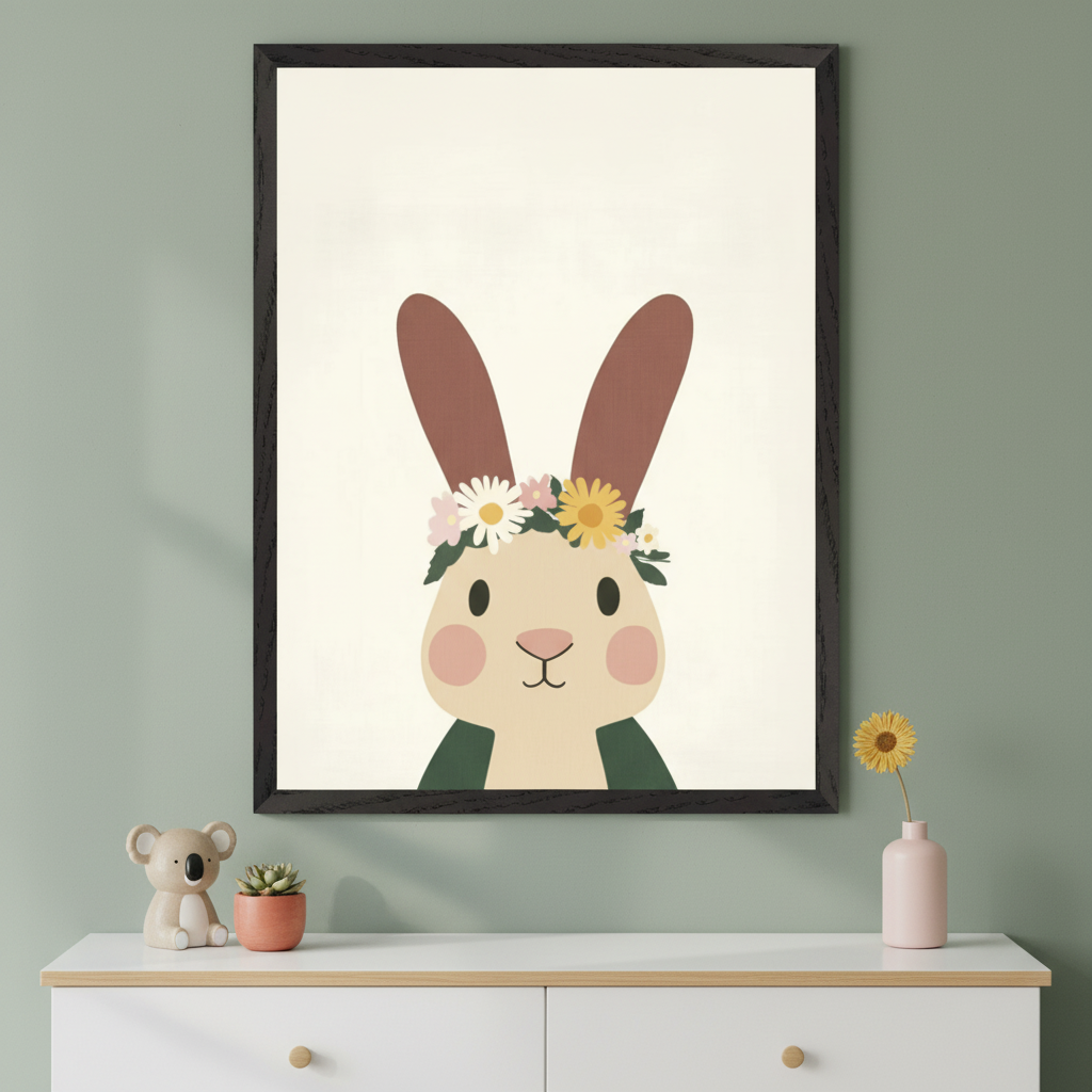 Framed wall art of a cute cartoon bunny with tall brown ears and rosy cheeks, wearing a flower crown made of daisies and sunflowers. The print is styled simply with a soft beige background and displayed above a modern white dresser.