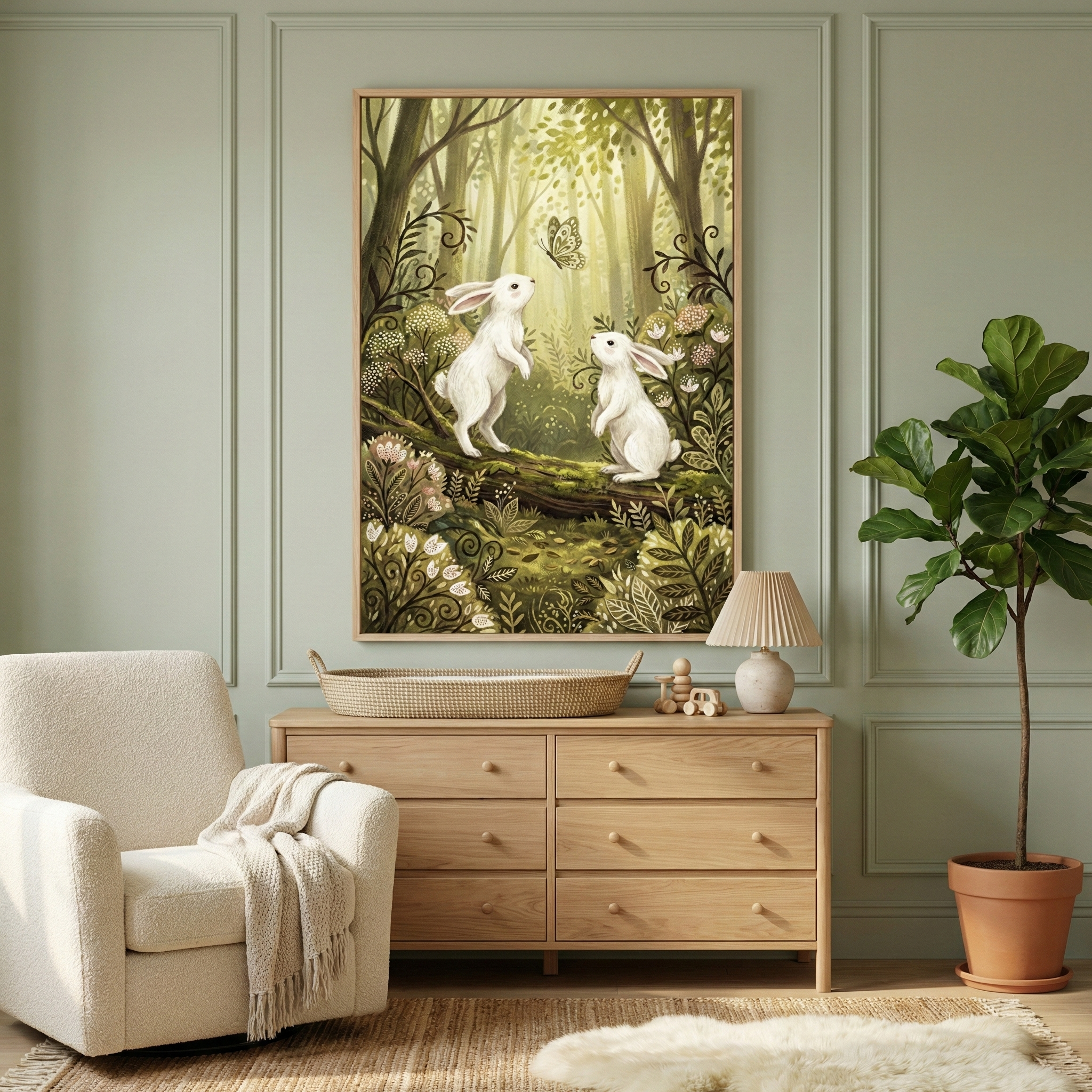 A serene nursery interior features a large framed vertical illustration of two fluffy white rabbits in a lush, green woodland, gazing up at a butterfly. The artwork hangs on a soft sage-green wall decorated with classic molding. Below it sits a light wood dresser holding a woven basket, simple wooden toys, and a cream-colored lamp with a pleated shade. To the left, a cozy, textured armchair with a matching throw is placed, while a tall green plant in a terracotta pot stands to the right.