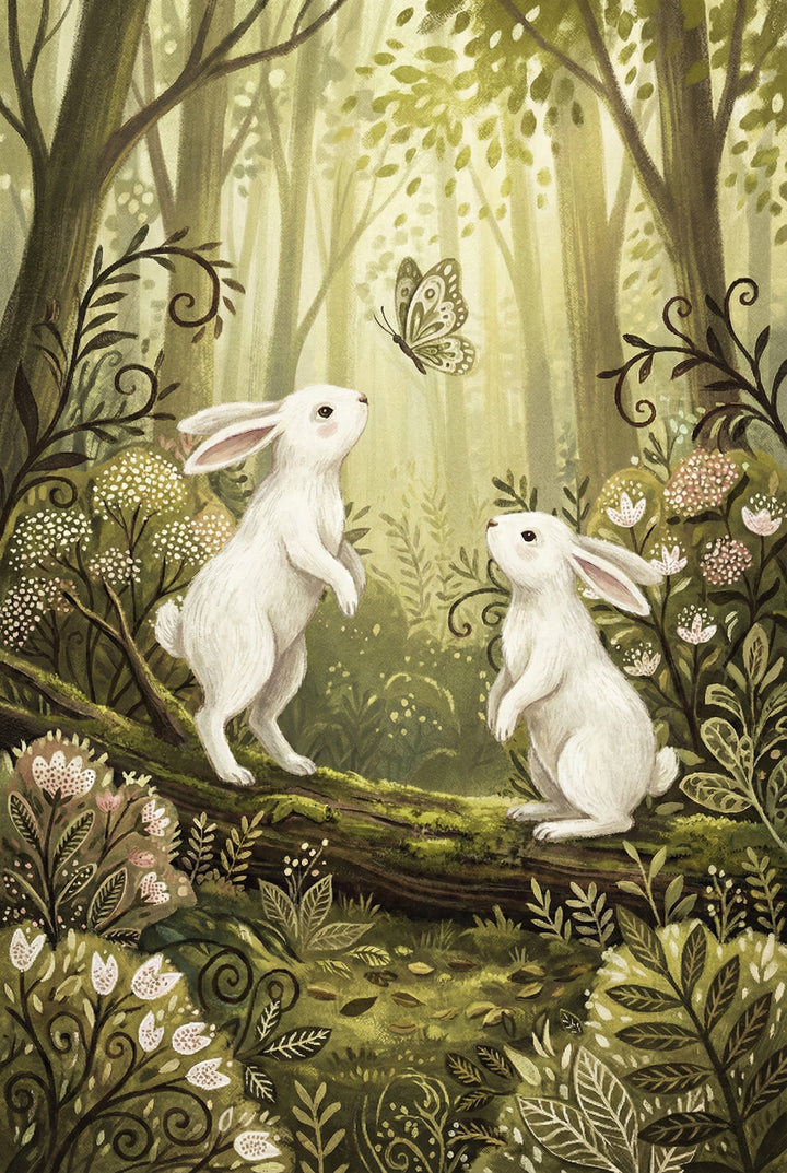Two fluffy white rabbits rest on a mossy log in a sun-dappled forest. One rabbit stands on its hind legs, gazing up at a delicately detailed butterfly fluttering above. The second rabbit sits beside it, also looking towards the butterfly. The scene is filled with intricate foliage, including small white flowers and leafy branches in shades of green and earthy brown. Soft light filters through the tall trees in the background, creating a whimsical and peaceful woodland illustration.