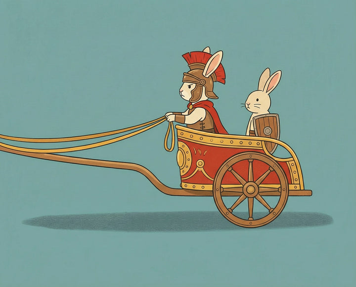 Two white rabbits ride in a red and gold Roman-style chariot, with one dressed as a gladiator holding reins and the other holding a wooden shield, offering a fun and historical twist on animal adventures.
