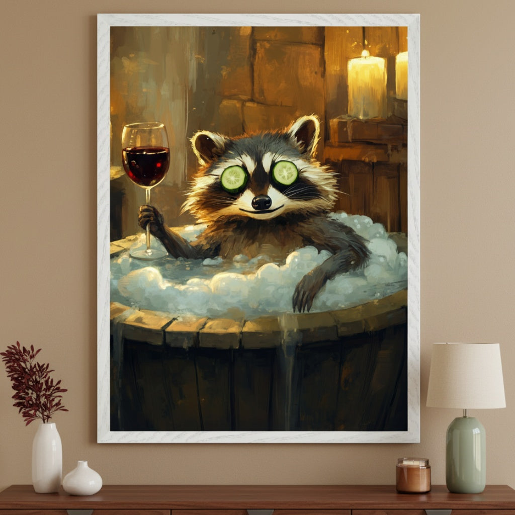 Blissful Bath Moment - Raccoon Framed Wall Art for Living Room, Bedroom or Office