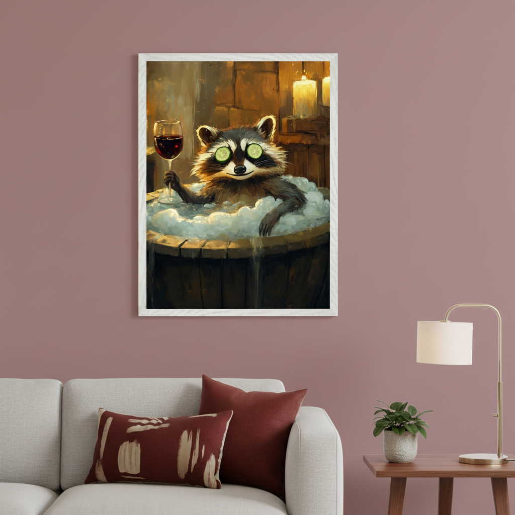 Modern living room with a light gray sofa and a wooden side table. A framed print of a raccoon in a bubble bath with cucumber slices on its eyes and holding a glass of wine hangs above the sofa. Painted illustration style.