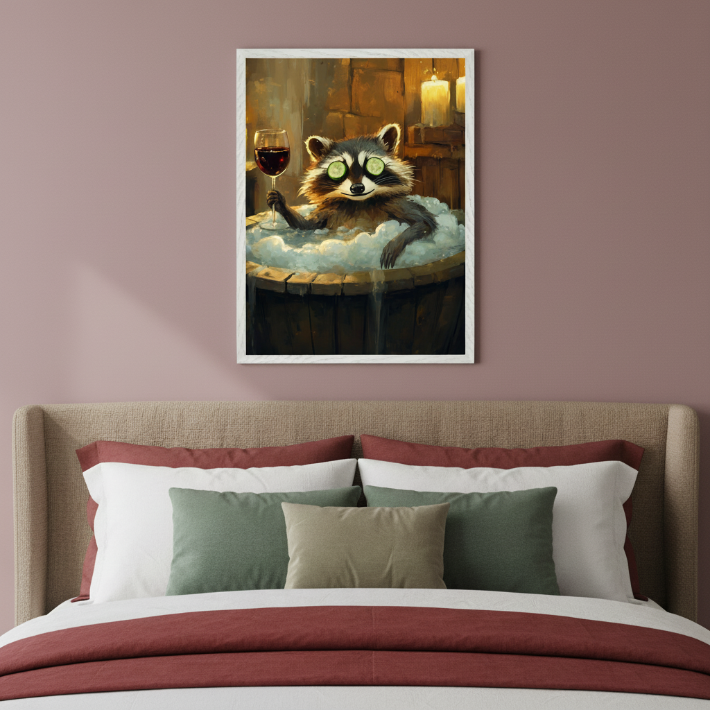 Bedroom with a beige headboard bed against a dusty rose wall. A framed illustration of a raccoon taking a bubble bath with cucumber slices over its eyes and holding a glass of wine hangs centered above the bed.