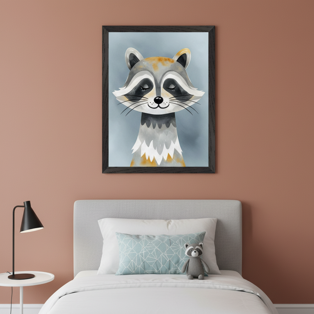 Kid's bedroom with a gray upholstered bed and white bedding. Above the bed hangs a framed watercolor print of a smiling raccoon with closed eyes. A white nightstand with a black lamp is to the left. A small raccoon plush toy rests on the bed.