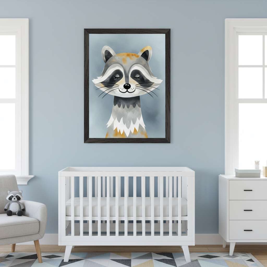 Modern nursery with a white crib, gray armchair, and white dresser. A framed watercolor portrait of a smiling raccoon with closed eyes, in grey and orange tones, hangs centered above the crib.