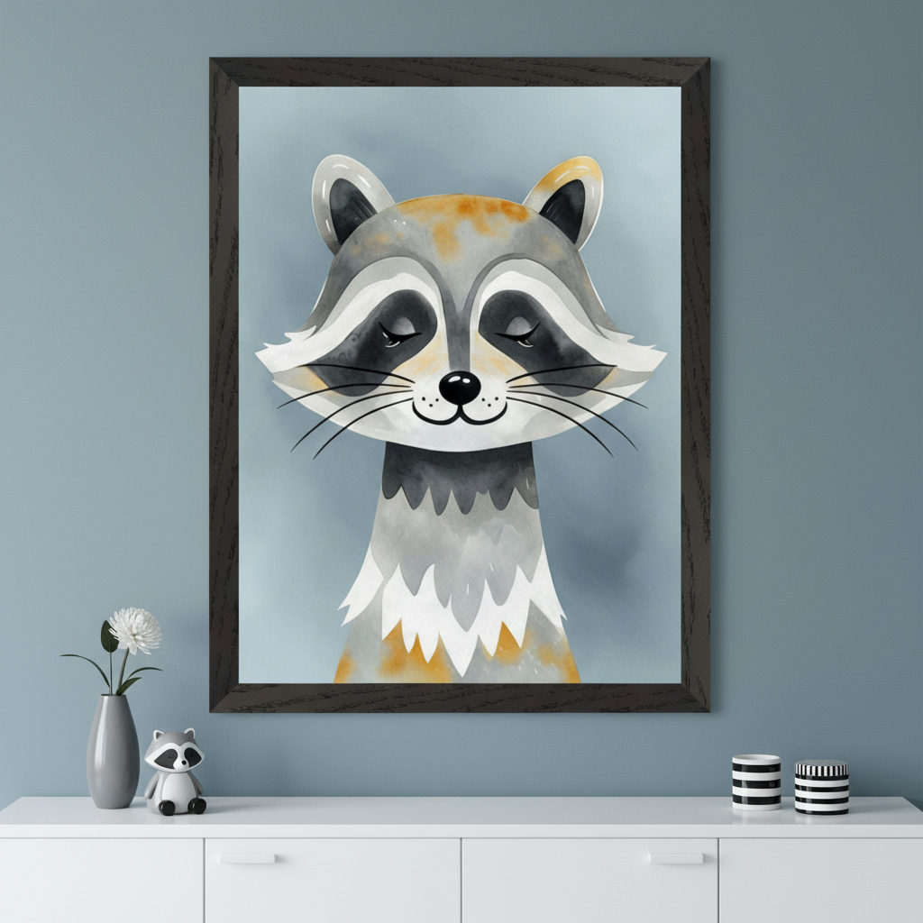Modern room with a white dresser. A large, dark-framed watercolor print of a smiling raccoon with closed eyes hangs above the dresser. Decorations include a grey vase with a white flower, a raccoon figurine, and two striped containers.