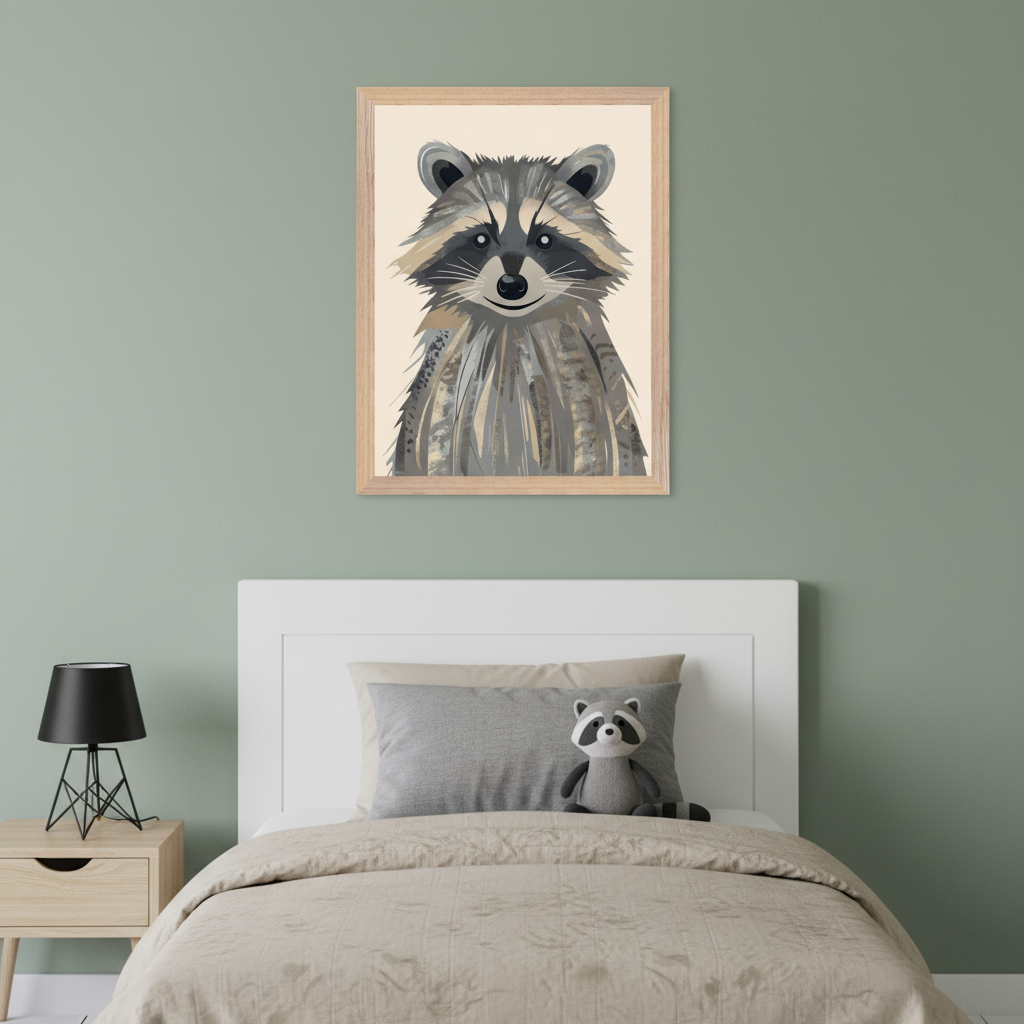Modern kid's bedroom with a white bed, beige bedding, and a light wood nightstand. A framed, stylized raccoon portrait hangs on the green wall above the bed. A raccoon plush toy is on the bed.