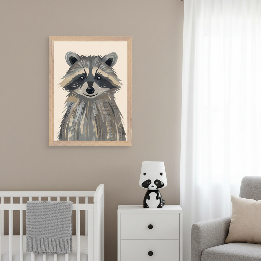 Modern nursery with a framed, illustrated raccoon portrait hanging above a white crib and dresser. A gray armchair is on the right, and a panda lamp sits on the dresser.