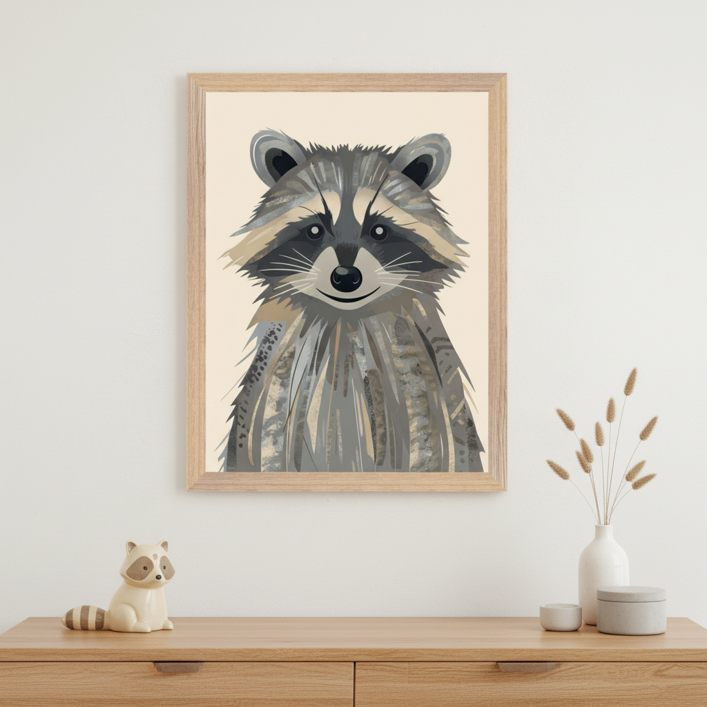 Modern room with a framed textured illustration of a happy raccoon hanging above a wooden dresser. A ceramic raccoon figurine and dried grasses in a vase are on the dresser.
