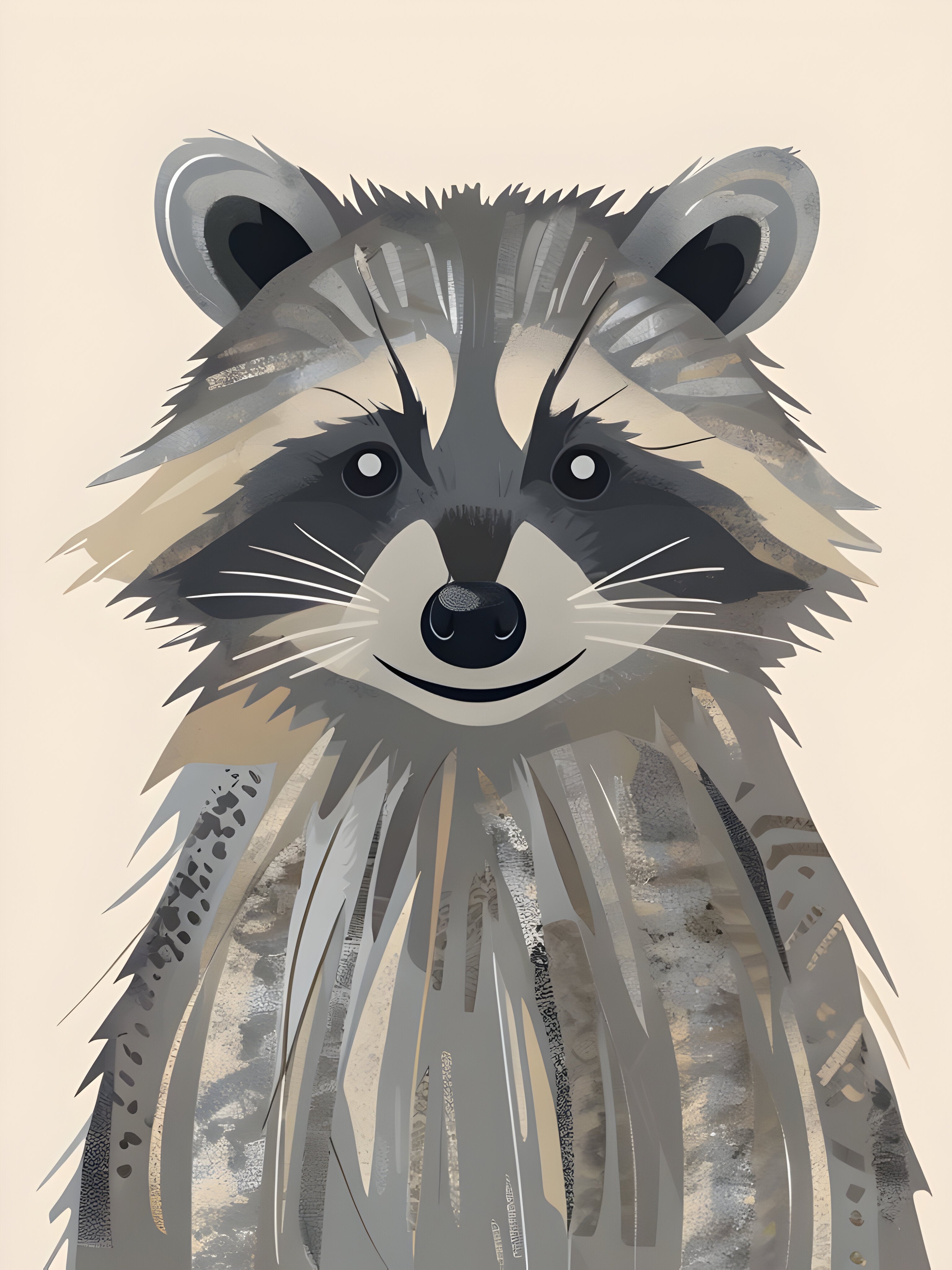 A whimsical illustration of a raccoon with a friendly expression, featuring detailed fur in shades of gray, white, and black, set against a light beige background.