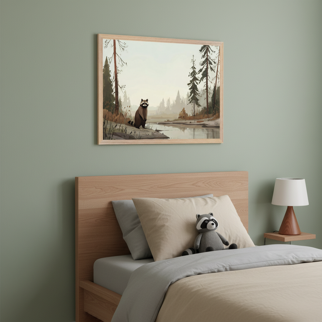 Modern bedroom with a wooden bed. A large framed painting of a stylized raccoon by a river in a forest hangs above the bed. A raccoon plush toy sits on the bed, and a wooden nightstand with a lamp is on the right.