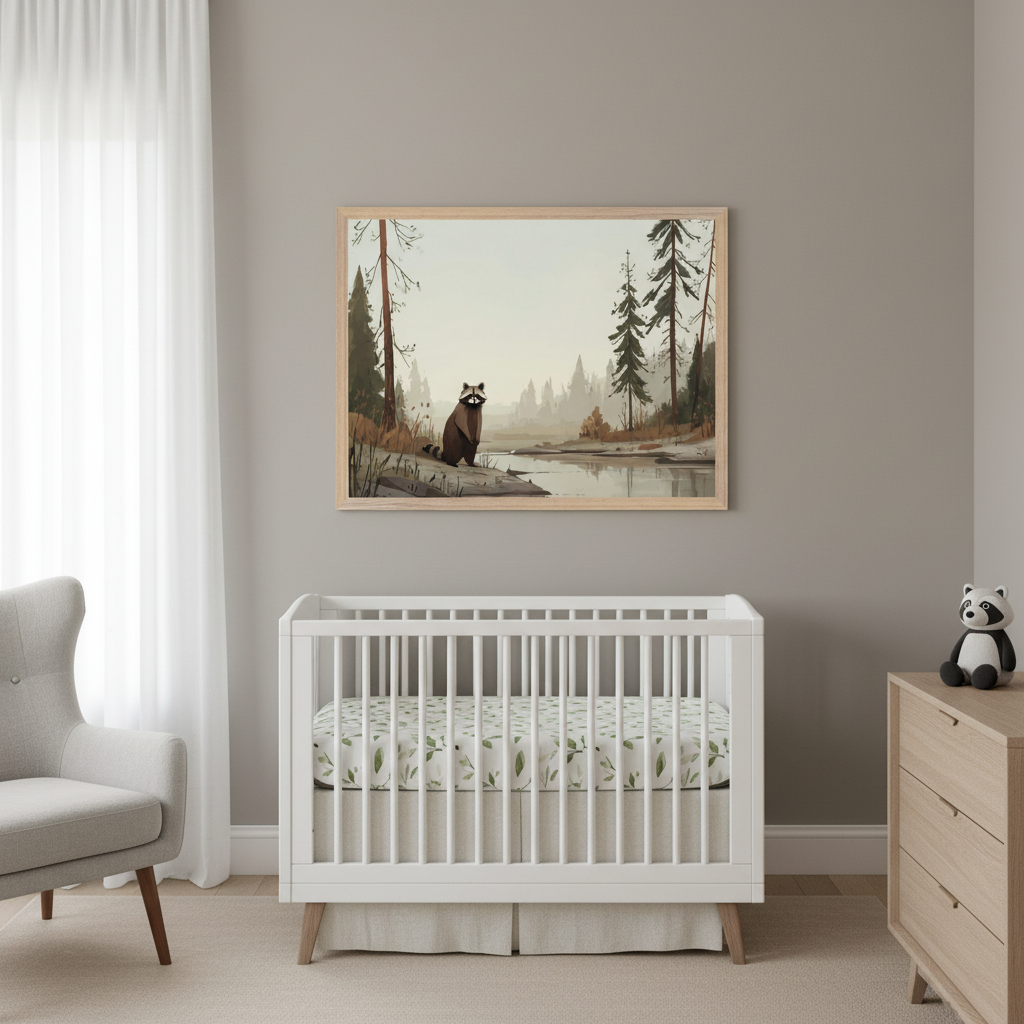 Modern nursery with a white crib and light gray armchair. A large framed illustration of a raccoon by a lake in a forest hangs centered above the crib. A wooden dresser with a stuffed raccoon is on the right.