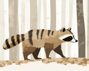 A stylized illustration of a raccoon walking through a forest with tall, abstract trees in the background. The raccoon features distinctive black and white facial markings and a bushy, striped tail, rendered in earthy tones.