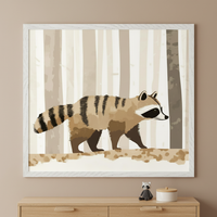 Kid's room with a light wood dresser. A white-framed print of a stylized raccoon walking on a light brown log in an abstract beige forest hangs above the dresser. A small raccoon plushie and lidded container are on the dresser.