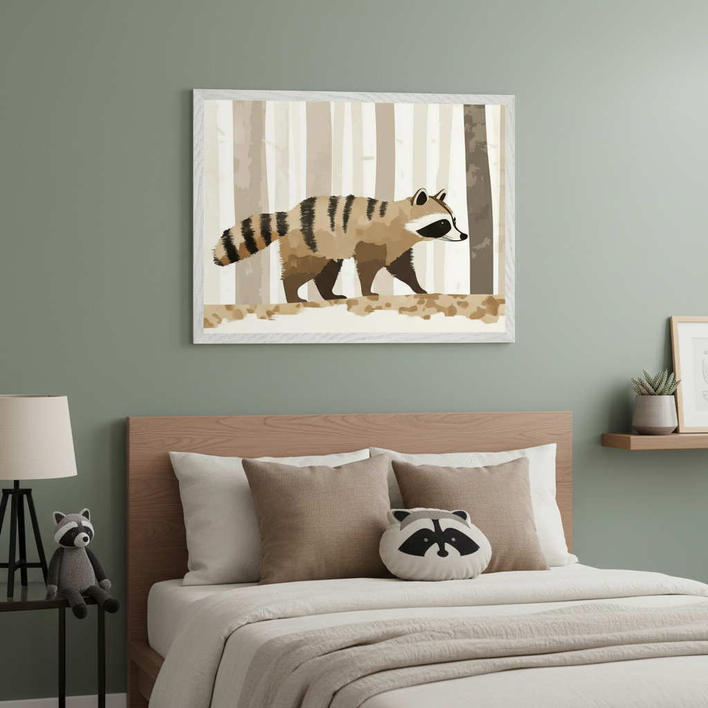 Modern kid's bedroom with a sage green wall and wooden bed, featuring a raccoon-face pillow. A framed print of a stylized brown raccoon in a forest hangs centered above the bed. A nightstand with a lamp and raccoon plushie is to the left.