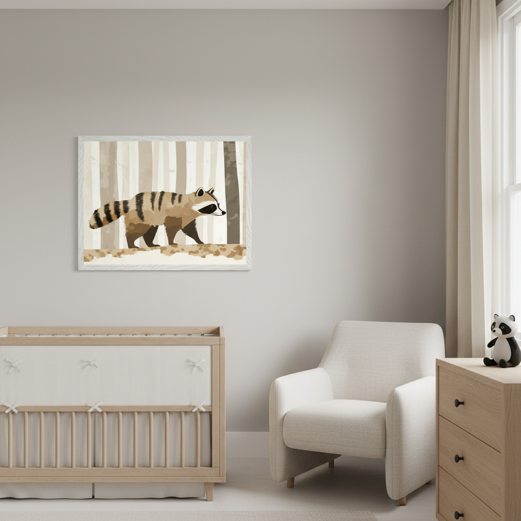 Modern nursery with a light wood crib, cream armchair, and wood dresser. A framed art print of a stylized raccoon with striped fur walking on light ground, against a background of vertical light brown and white stripes, hangs on the gray wall above the crib.