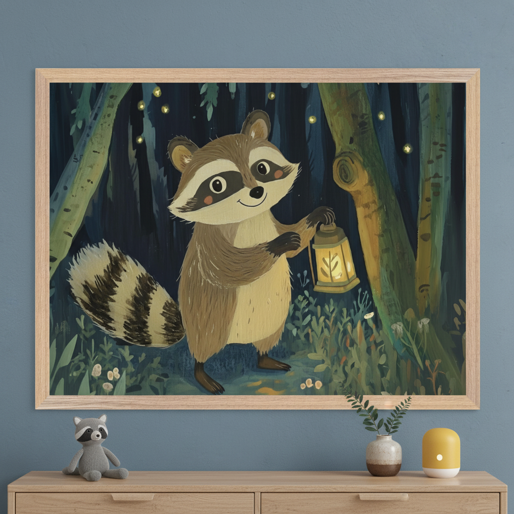Modern kid's room with a light wood dresser against a blue wall. A large framed illustration of a smiling raccoon holding a lantern in a dark forest hangs centered above the dresser. A knitted raccoon toy and a small plant with a yellow device sit on the dresser.