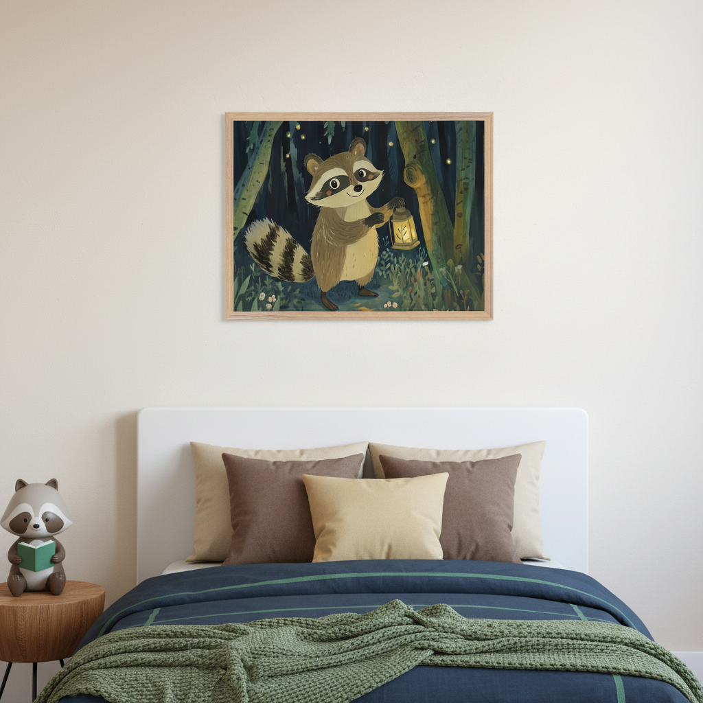 Modern kid's bedroom with a white headboard and bed with blue and green bedding. A framed illustration of a cartoon raccoon holding a lantern in a dark forest hangs centered above the bed. A raccoon figurine reading a book sits on a wooden side table.