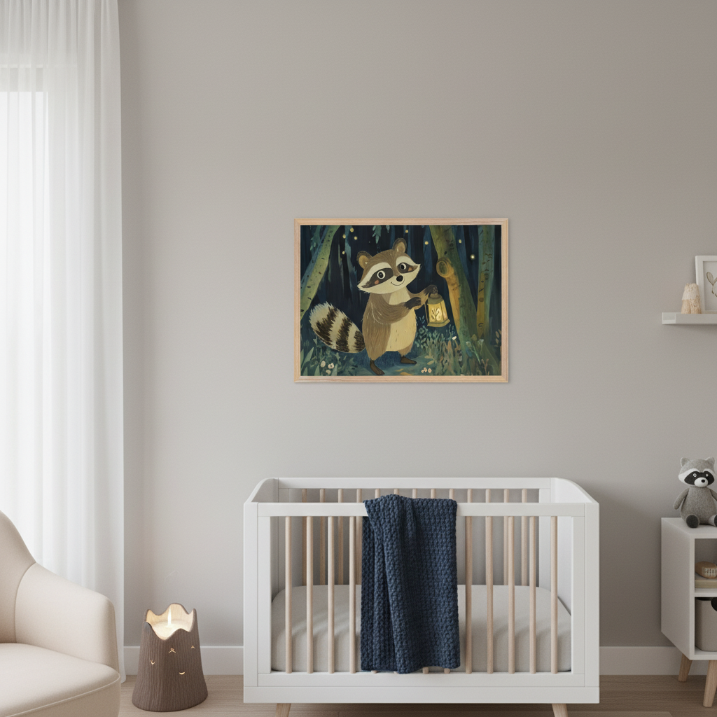 Modern nursery with a white crib, cream armchair, and white storage cabinet. A framed illustration of a cartoon raccoon holding a lantern in a dark forest with glowing lights hangs above the crib.