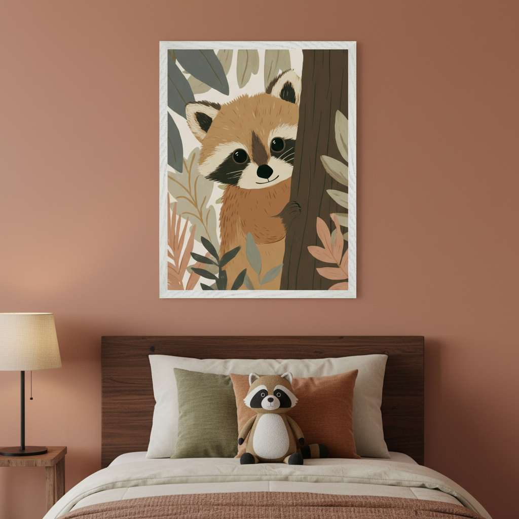 Kid's bedroom with a wooden bed and headboard. A framed illustration of a raccoon peeking from behind a tree with leaves hangs above the bed. A raccoon plush toy sits on the bed, and a lamp is on a nightstand.