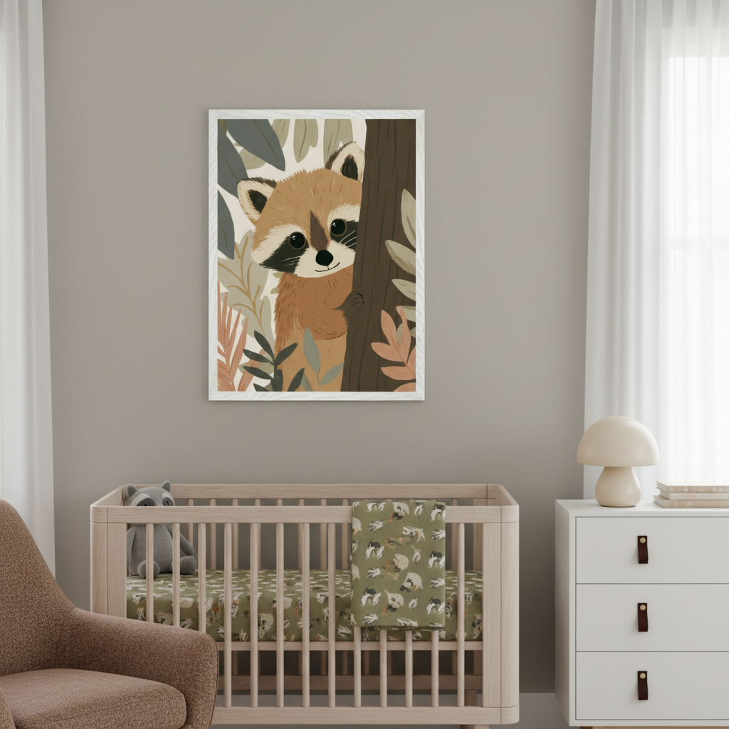 Modern nursery with a light wood crib, green patterned bedding, and a stuffed raccoon. A brown armchair is on the left, a white dresser on the right. A framed cartoon-style print of a raccoon peeking from behind a tree with leaves hangs centered above the crib.