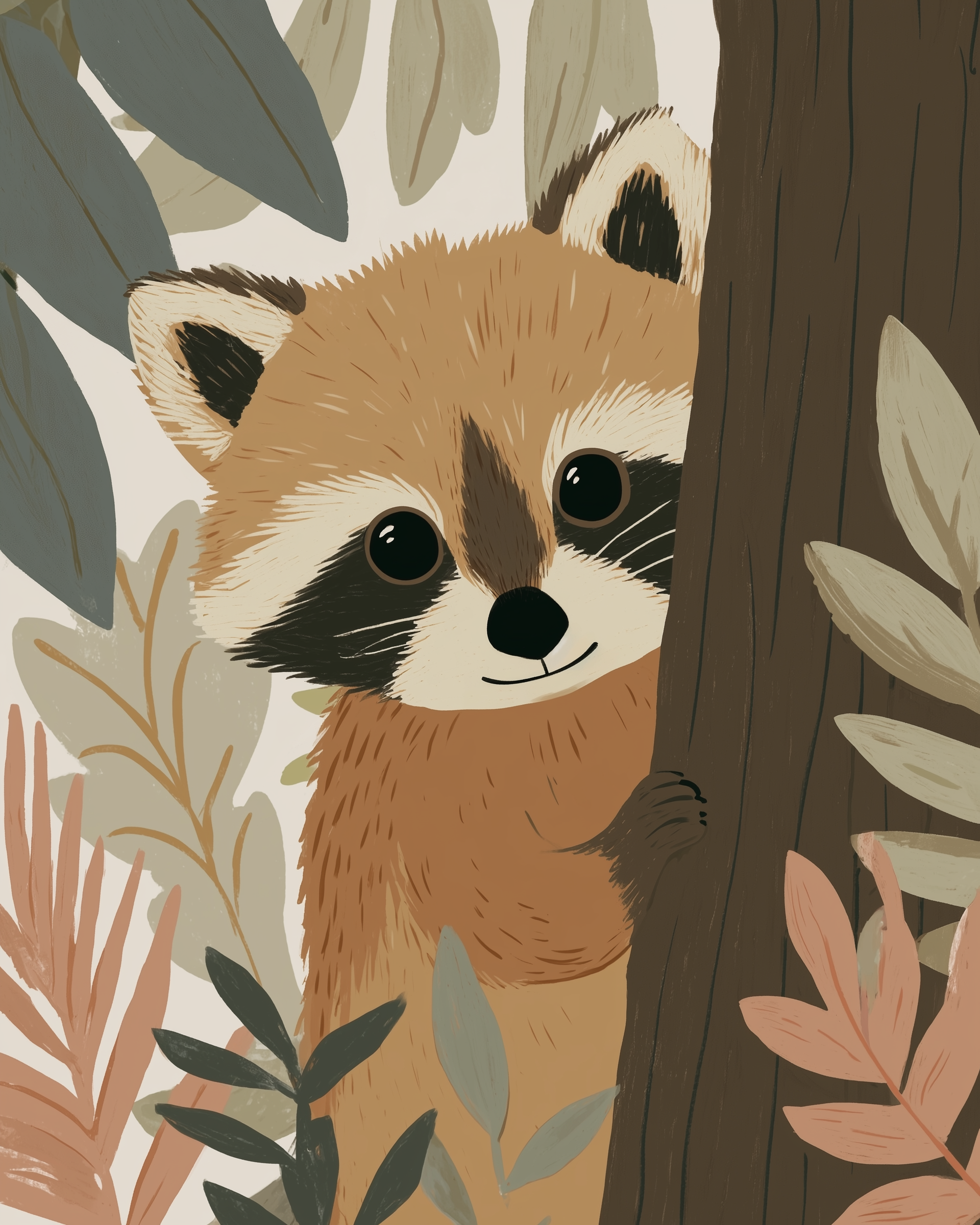 A cute illustrated raccoon peeks from behind a tree, surrounded by soft, earthy-toned leaves. Its big, dark eyes and subtle smile give it a playful expression.