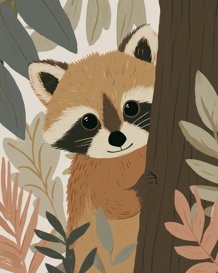 A cute illustrated raccoon peeks from behind a tree, surrounded by soft, earthy-toned leaves. Its big, dark eyes and subtle smile give it a playful expression.