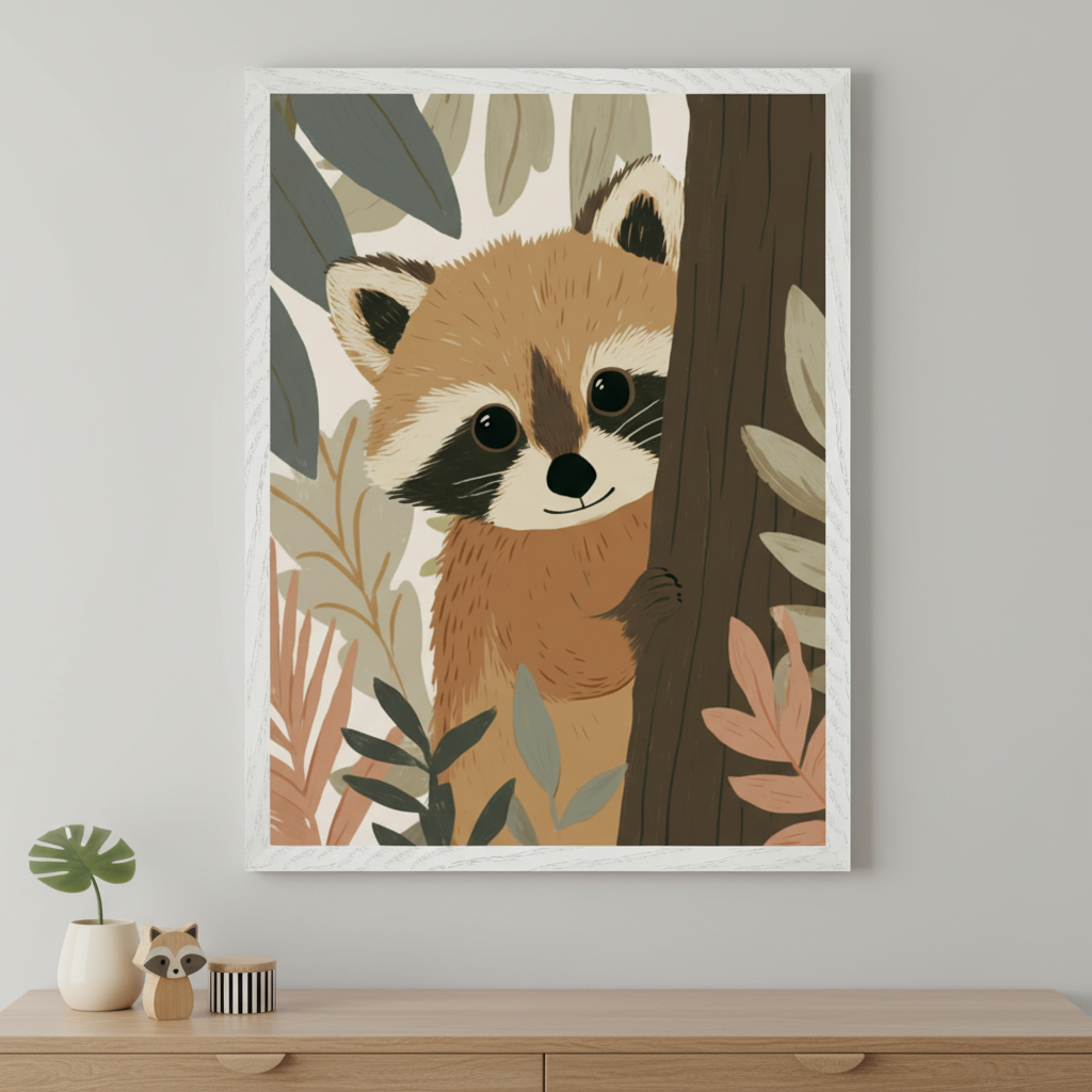 Framed illustration of a cute raccoon peeking from behind a tree trunk, surrounded by stylized forest leaves in soft earthy tones. A wooden dresser below holds a ceramic raccoon figure, a striped container, and a small vase with a green monstera leaf.