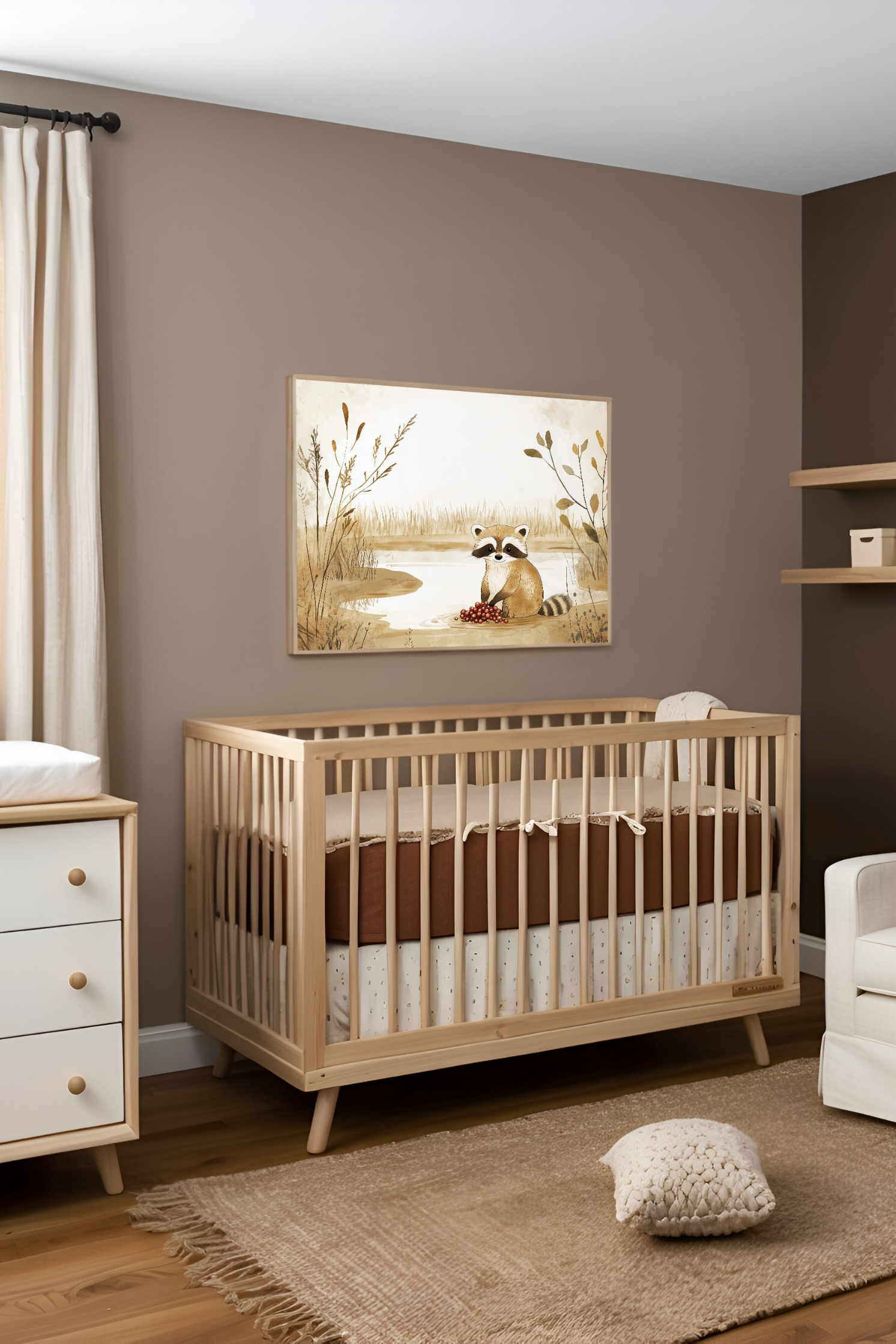 A cozy nursery with a wooden crib featuring brown and beige bedding. Hanging above the crib is artwork depicting a friendly raccoon with red berries beside a serene stream, enhancing the room's warm and inviting woodland theme.