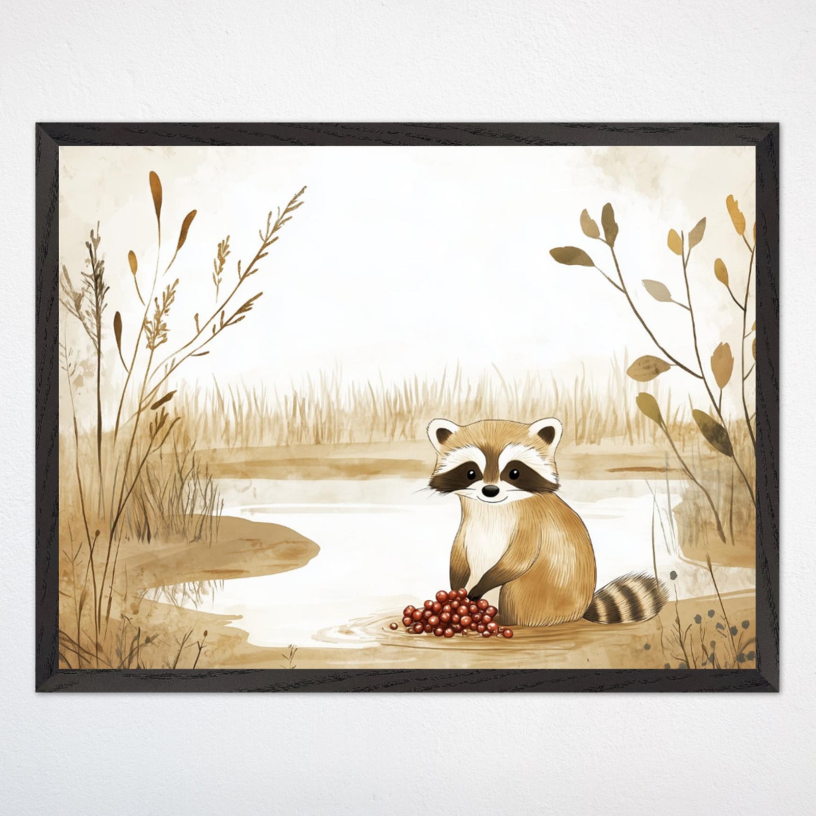 Illustration of a friendly raccoon sitting beside a calm stream, holding red berries in its paws. Surrounded by gentle greenery and neutral earthy tones, the image evokes a playful yet serene atmosphere.