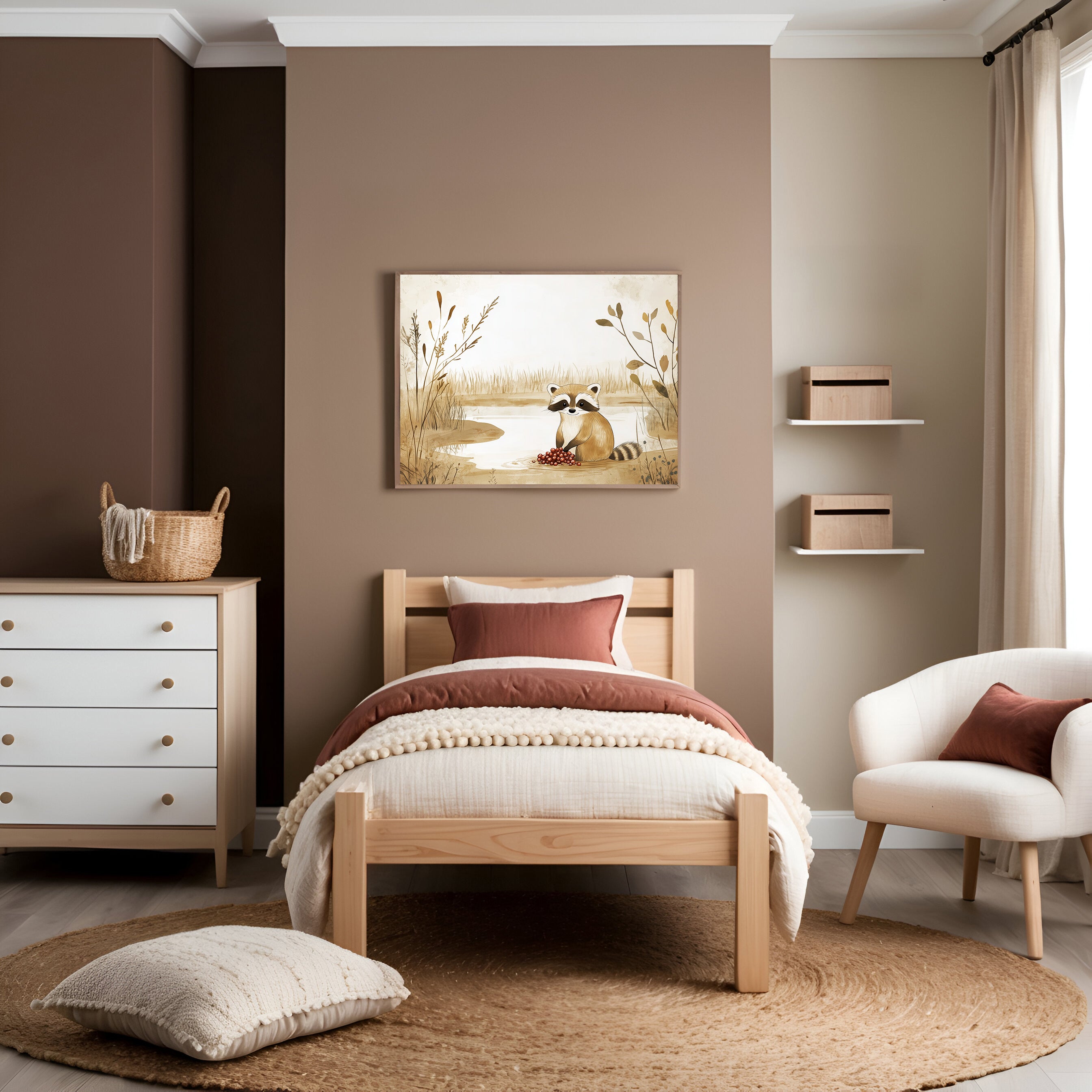 A children's bedroom with earthy tones featuring a wooden twin bed dressed in warm beige and rust-colored bedding. A playful raccoon illustration hangs above the bed, depicting the animal sitting by a stream holding red berries, complementing the room’s cozy woodland decor.