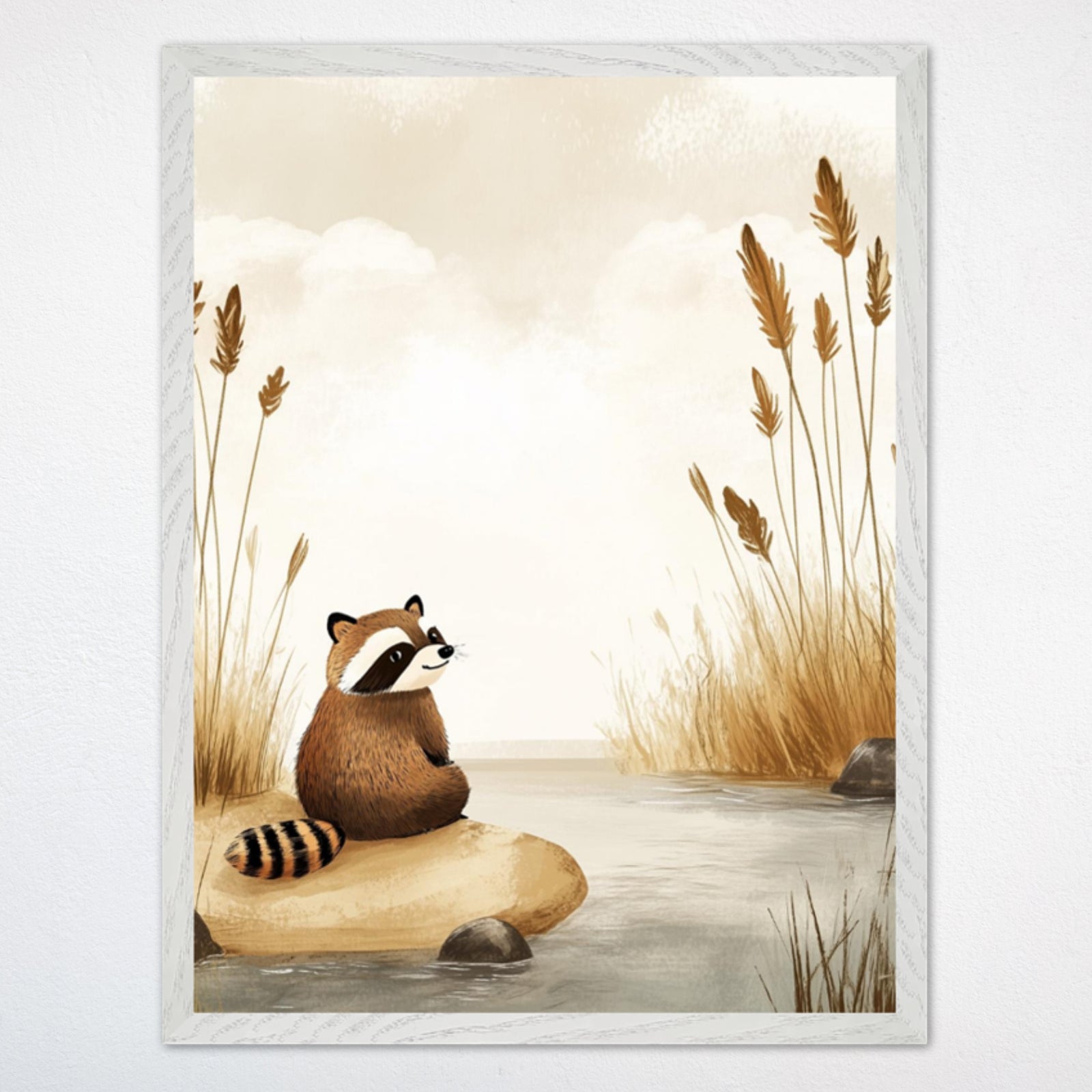 Illustration of a cute raccoon sitting peacefully on a rock by the water, surrounded by tall golden grasses and cattails. The neutral tones and gentle atmosphere of the scene create a calm, whimsical vibe ideal for nursery or children's room decor.