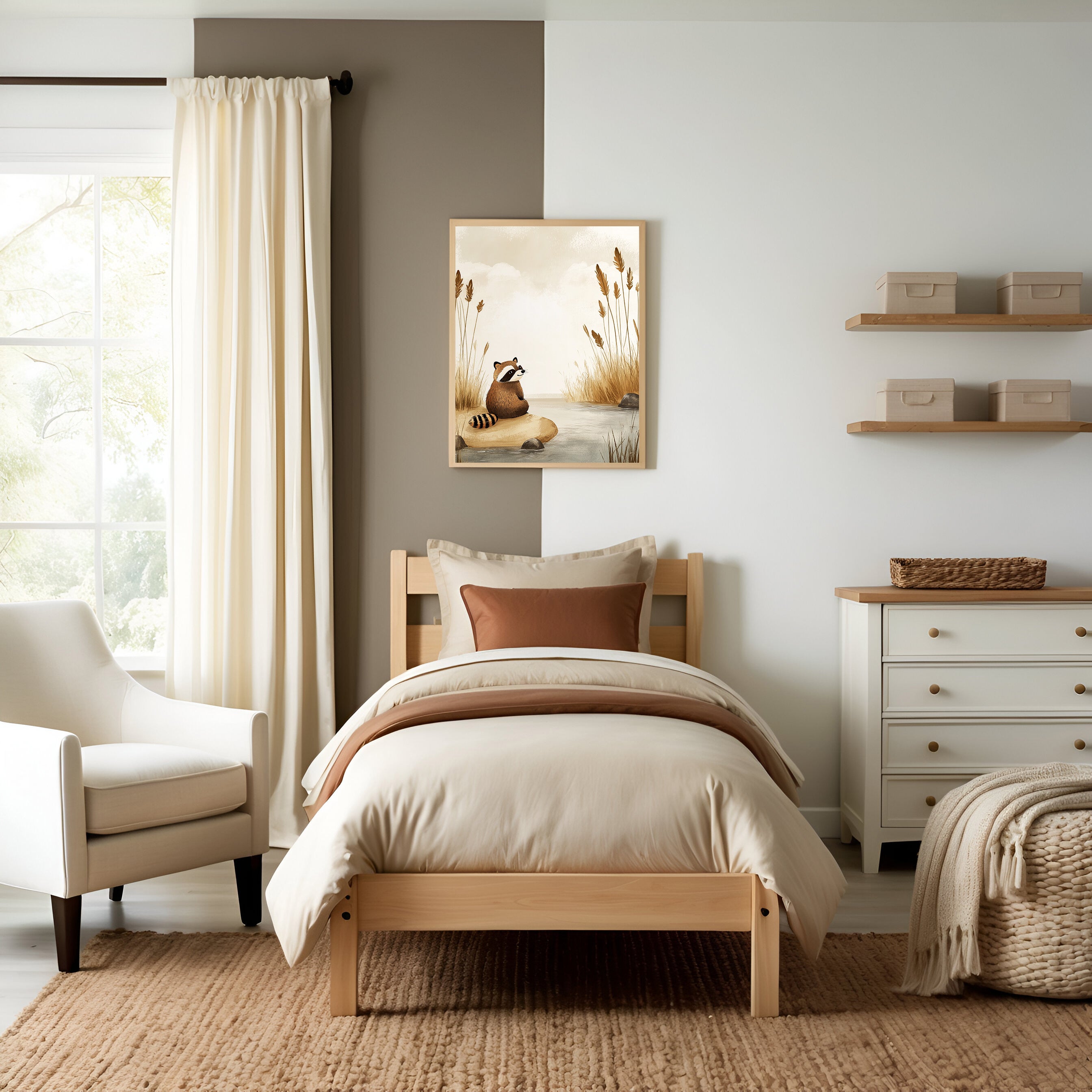 A warm, neutral children's bedroom featuring a wooden twin bed dressed in beige and rust-colored bedding. Above the bed hangs an illustration of a raccoon sitting serenely by a pond, enhancing the room’s cozy and calming atmosphere.