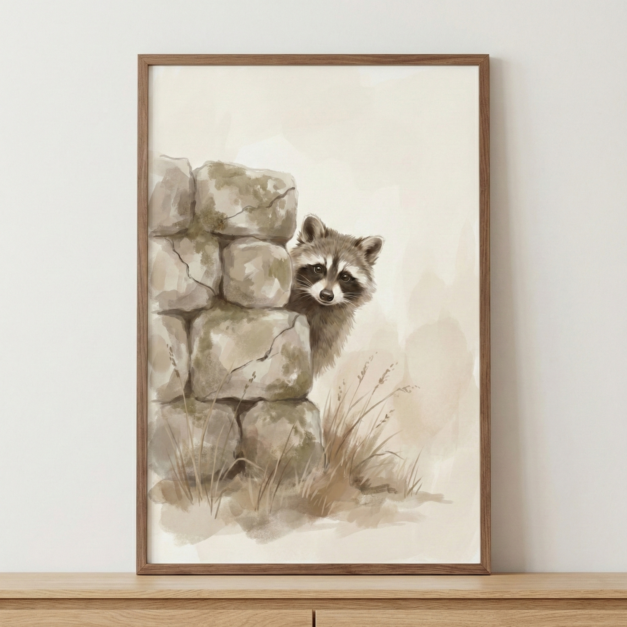 A gentle watercolor illustration features a curious raccoon peeking from behind a stack of weathered, rounded stones. The artwork uses a soft, muted color palette of earth tones, including various shades of brown, beige, and grey, creating a calm and natural atmosphere. The raccoon's signature masked face and dark, inquisitive eyes are rendered with delicate detail as it peers out from its hiding spot. 