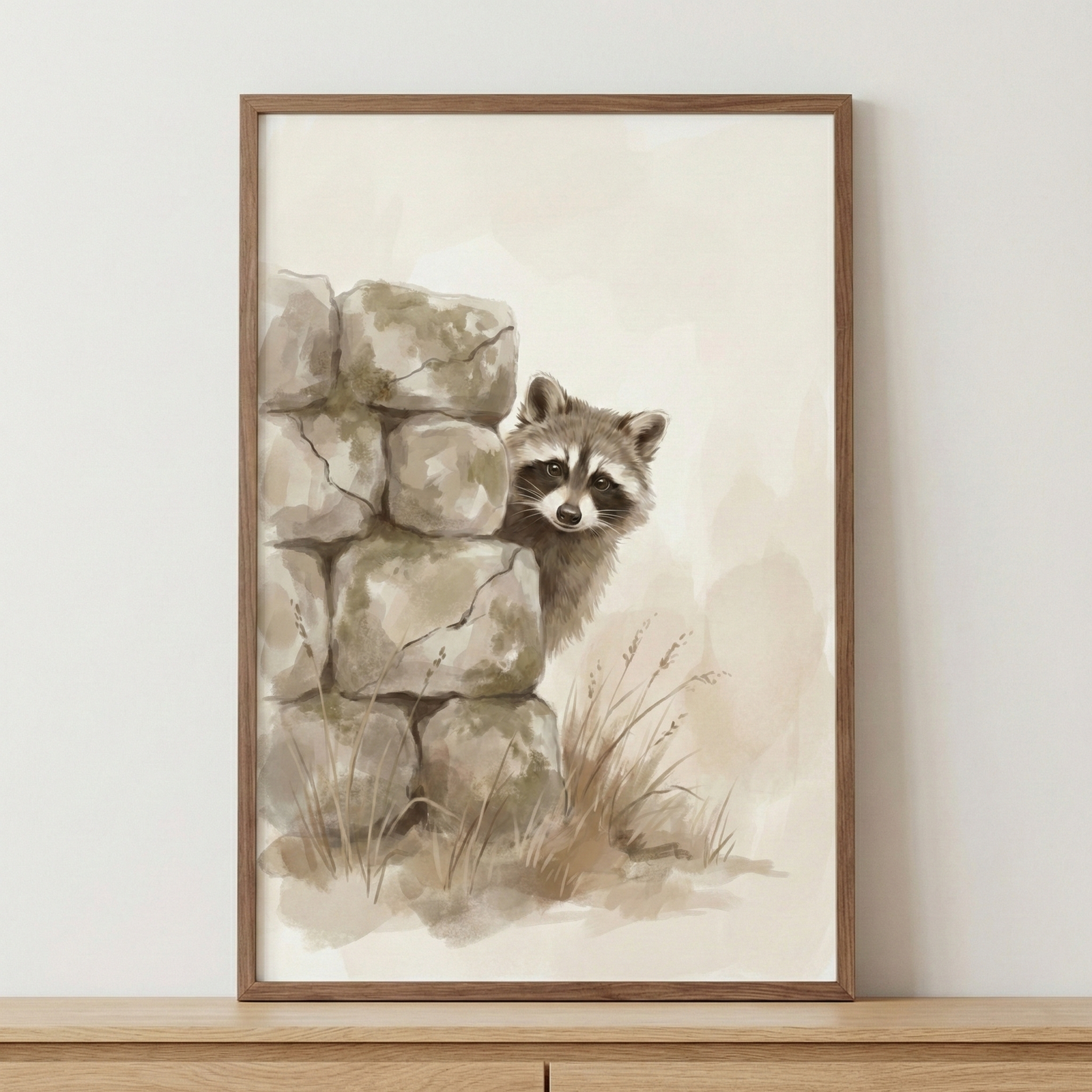 A gentle watercolor illustration features a curious raccoon peeking from behind a stack of weathered, rounded stones. The artwork uses a soft, muted color palette of earth tones, including various shades of brown, beige, and grey, creating a calm and natural atmosphere. The raccoon's signature masked face and dark, inquisitive eyes are rendered with delicate detail as it peers out from its hiding spot. 